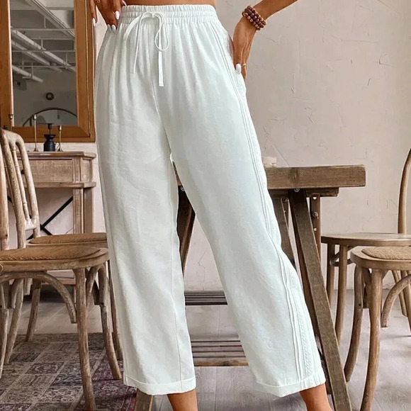 White Casual Women's Solid Color Tapered Pants - Picture 6 of 6